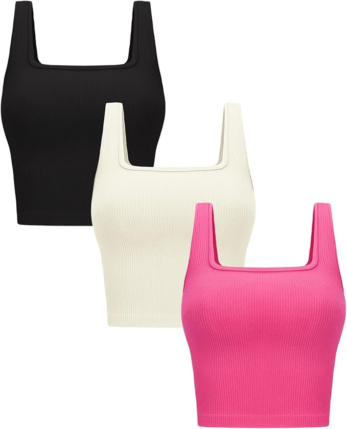 OLCHEE Womens 3 Pack Crop Tank Tops Basic Seamless Ribbed Sleeveless Square Neck Workout Top Summer Exercise Yoga Gym Shirts
