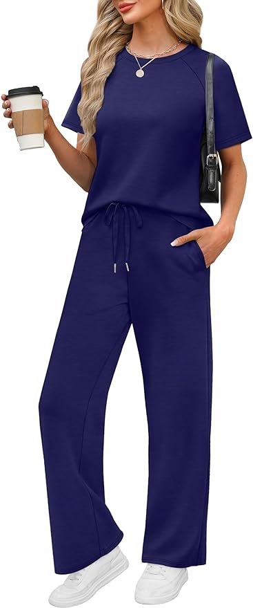 WIHOLL 2 Piece Sets for Women Resort Wear Travel Vacation Outfits Summer Short Sleeve Lounge Sets