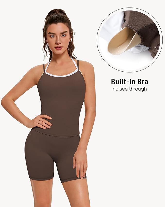 OMKAGI Halter Workout Tank Tops for Women Built in Bra Cute Layer Longline Sports Bras