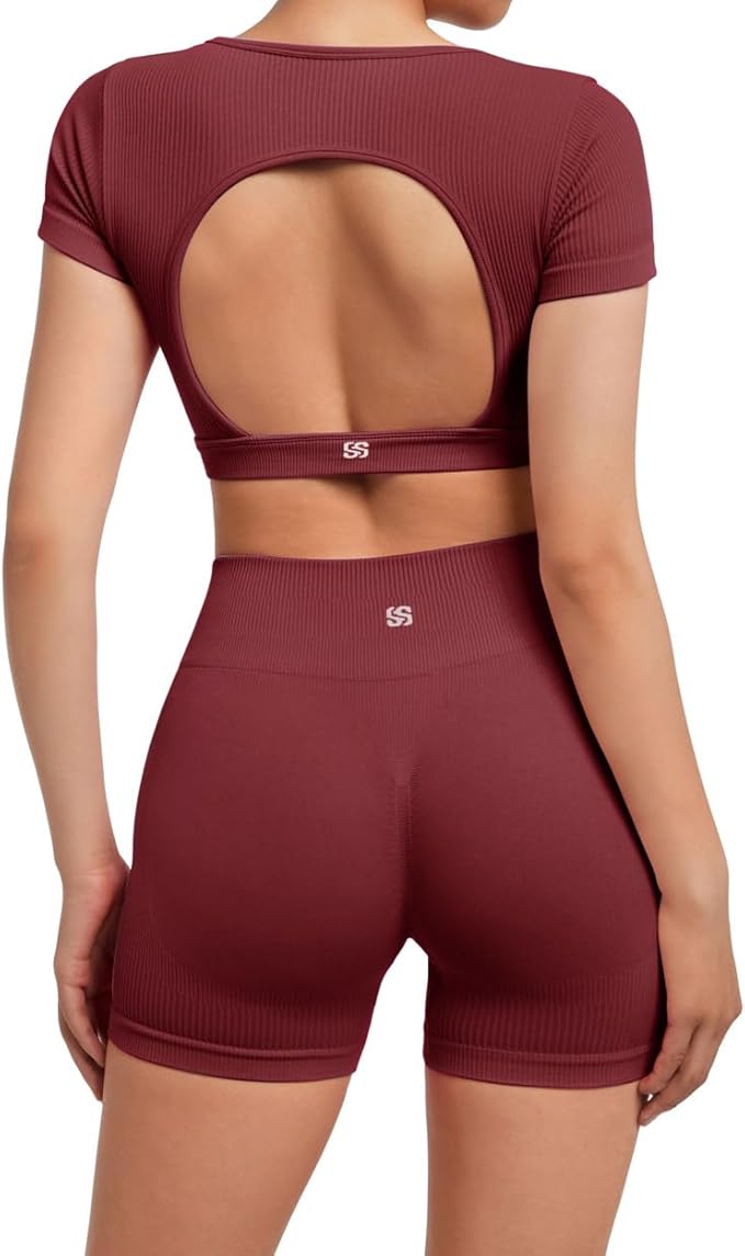 SUUKSESS Womens Workout Sets Open Back Gym Sets Woman Yoga Pilates Crop Tank High Waisted Bike Shorts