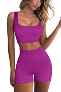 QINSEN Workout Sets for Women 2 Piece Seamless Ribbed Crop Tank High Waist Shorts Yoga Outfits