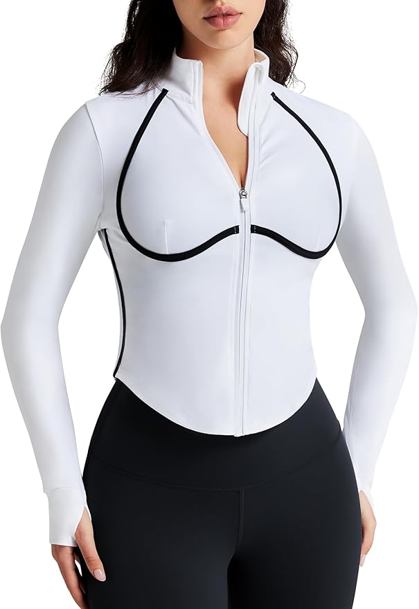Women Workout Jacket Cropped Contrast Seam Zip Up Athletic Jacket Yoga Sportswear with Thumb Holes