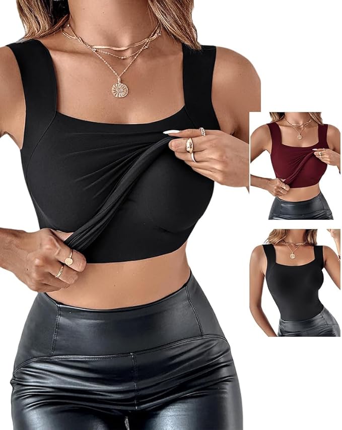 CHICME Womens U Neck Shapewear Built-in Bra Tank High Strechy Sleeveless Slim Fit Tops Camisole Workout Tops