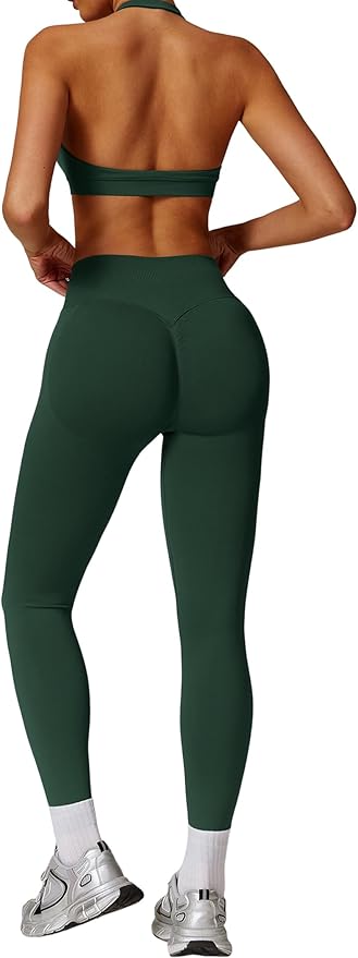 ABOCIW Workout Sets for Women Seamless Scunch Butt Lifting Impact Leggings Halter Sports Bra 2 Piece Gym Outfits