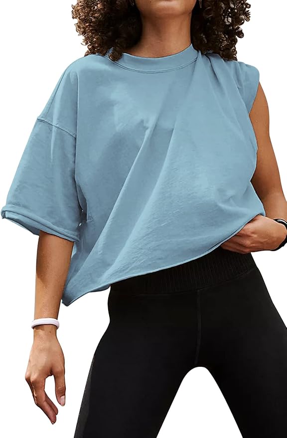 Women's Oversize Workout Crop Tops Casual Short Sleeve Drop Shoulder Boxy T-Shirts Roll Hem Basic Loose Yoga Running Tees