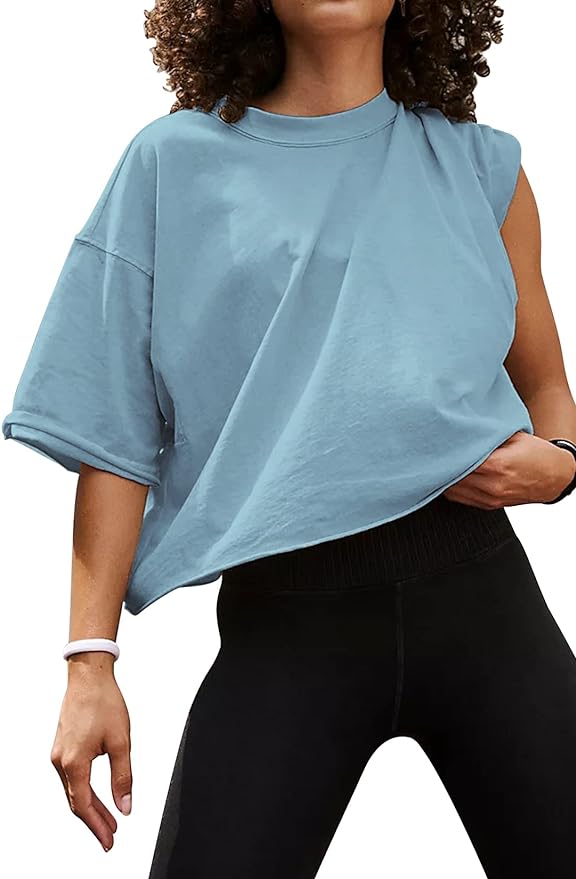 Women's Oversize Workout Crop Tops Casual Short Sleeve Drop Shoulder Boxy T-Shirts Roll Hem Basic Loose Yoga Running Tees