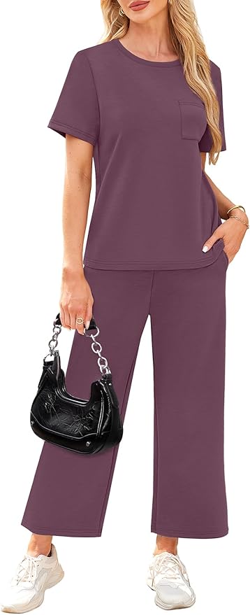 WIHOLL 2 Piece Sets for Women Casual Summer Travel Vacation Outfits Short Sleeve Wide Leg Crop Pants Lounge Sets
