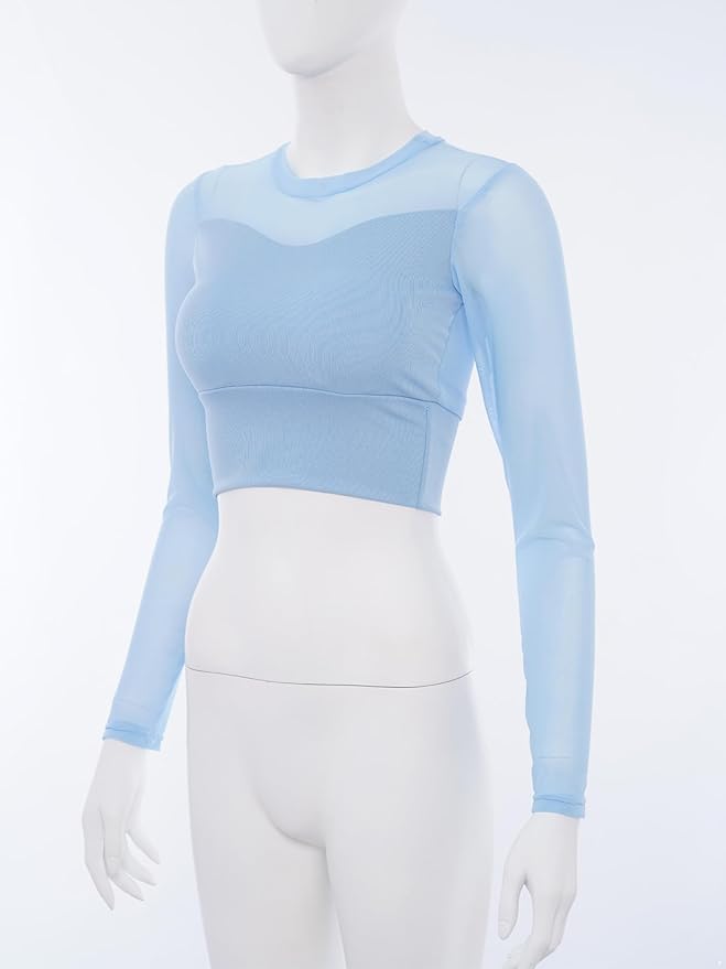 Womens Sheer Patchwork Yoga Shirt Long Sleeve Crew Neck Crop Top for Pilates Dance Workout
