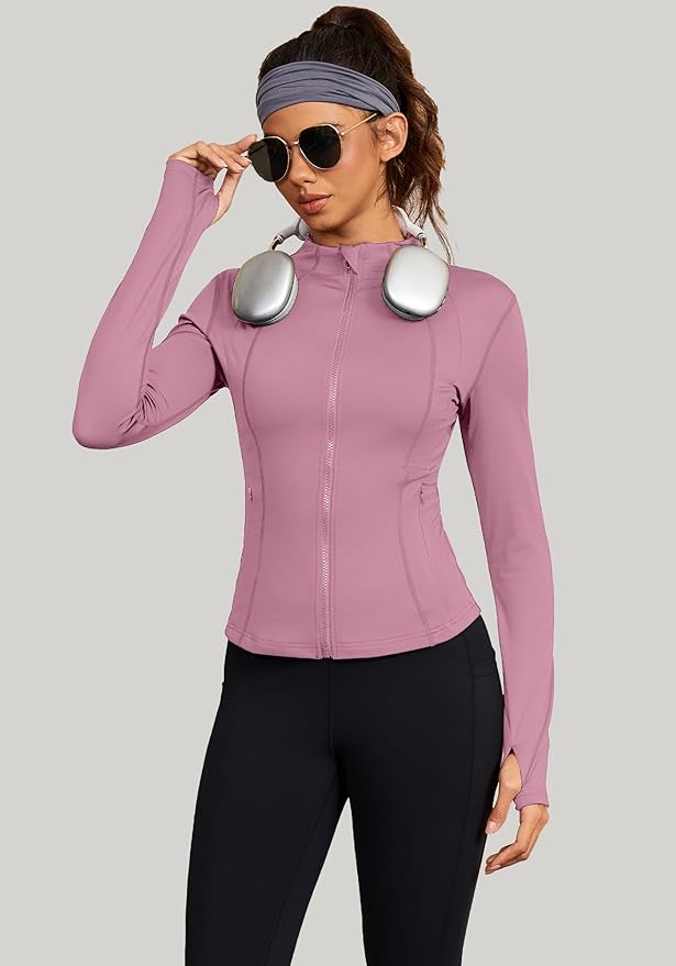 Bosmeer Workout Jackets for Women Lightweight Zip Up Slim Fit Yoga Sportwear Stretchy Crooped Running Jacket with Thumb Holes