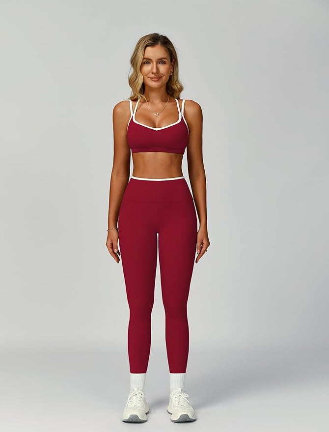 ABOCIW Two Piece Workout Sets for Women Color Block Strappy Sports Bra High Waist Leggings Yoga Pilates Outfits