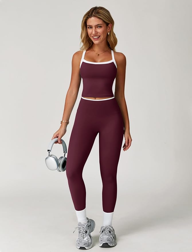 QBGJTD Womens Workout Sets Two Piece Cross Back Tank Top Matching High Waist Leggings Sets Gym Outfits Work Out Clothes