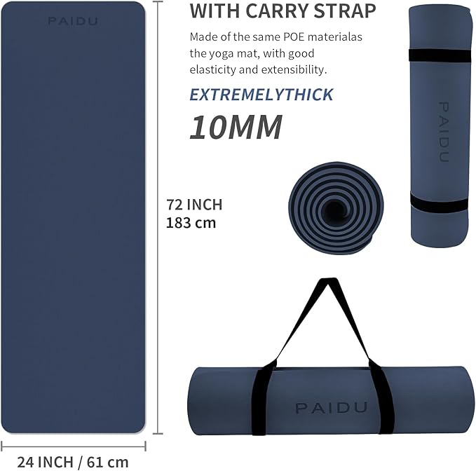 Yoga Mat Non Slip Anti-tear,extra thick-2/5 inch（10MM）High Resiliency Professional POE Yoga Mats for Women Men Kids,72"x24"inch,Workout, Yoga, Pilates and Floor Exercise, with Carrier Strap
