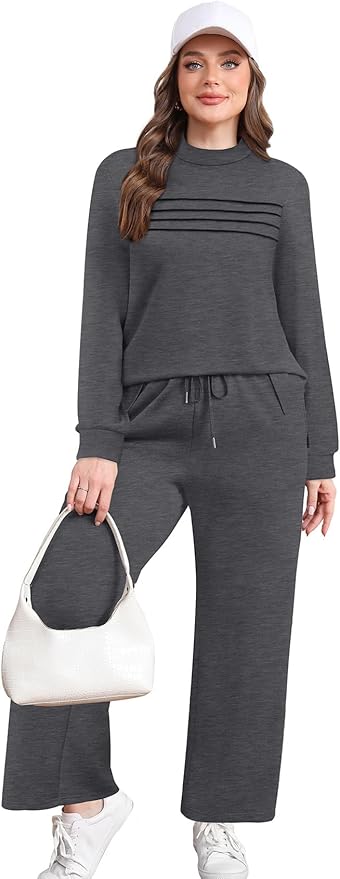 WIHOLL Two Piece Sets for Women Spring Travel Vacation Outfits 2026 Long Sleeve Lounge Sets Side Slit Wide Leg Pants S-3XL