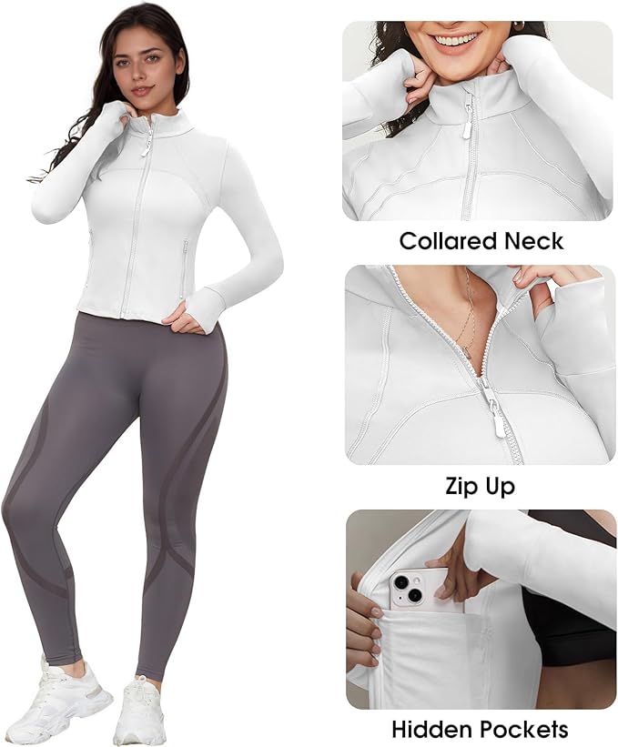 Workout Jackets for Women: Athletic Gym Running Cropped Zip Up Tops with Thumb Holes Slim Fit Lightweight Sportswear