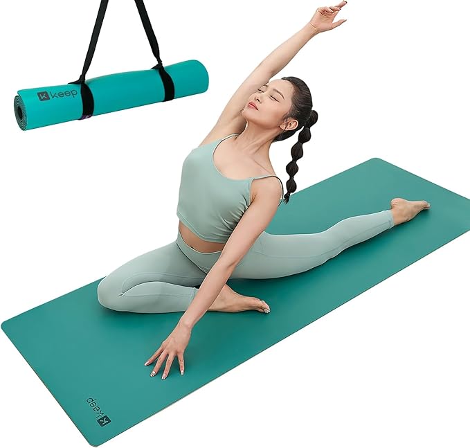 KEEP Rubber Yoga Mat - Professional Sweat Absorbent PU & Natural Rubber. Non Slip Workout Mats for Women & Men, 5mm Thick, 74"x26" Extra Long Wide Pad for Hot Yoga, Pilates, HIIT, Home Gym - Strap Included