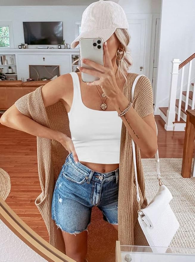 REORIA Women’s Sexy Square Neck Double Lined Seamless Sleeveless Cropped Tank Yoga Crop Basic Tops