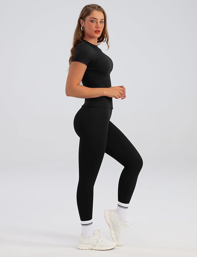 Relety Womens Two Piece Workout Sets Slim Fit Short Sleeve Shirt High Waist Leggings Yoga Outfits Matching Gym Set