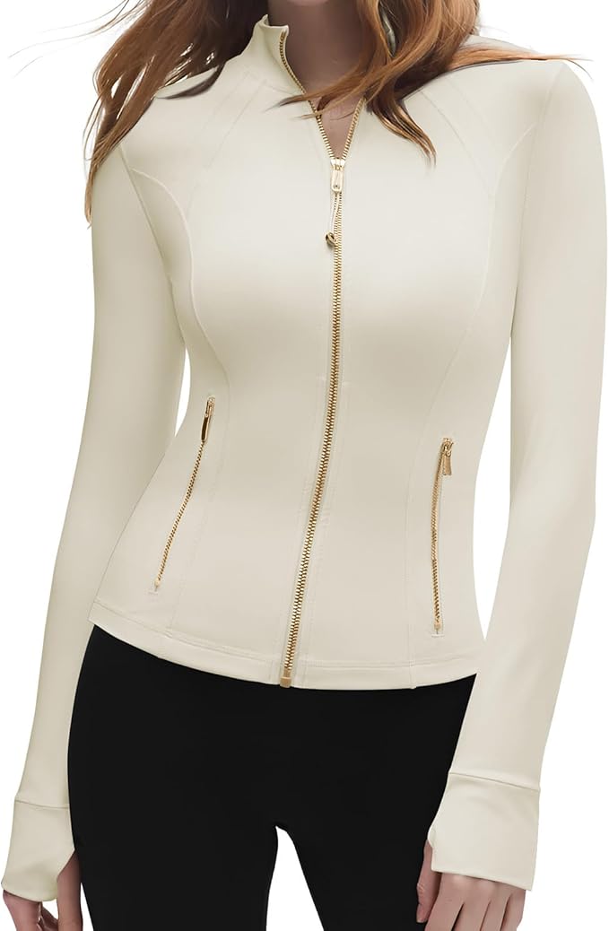 SUUKSESS Women Golden Full Zip Up Workout Cropped Jackets Lightweight Athletic Yoga Tops