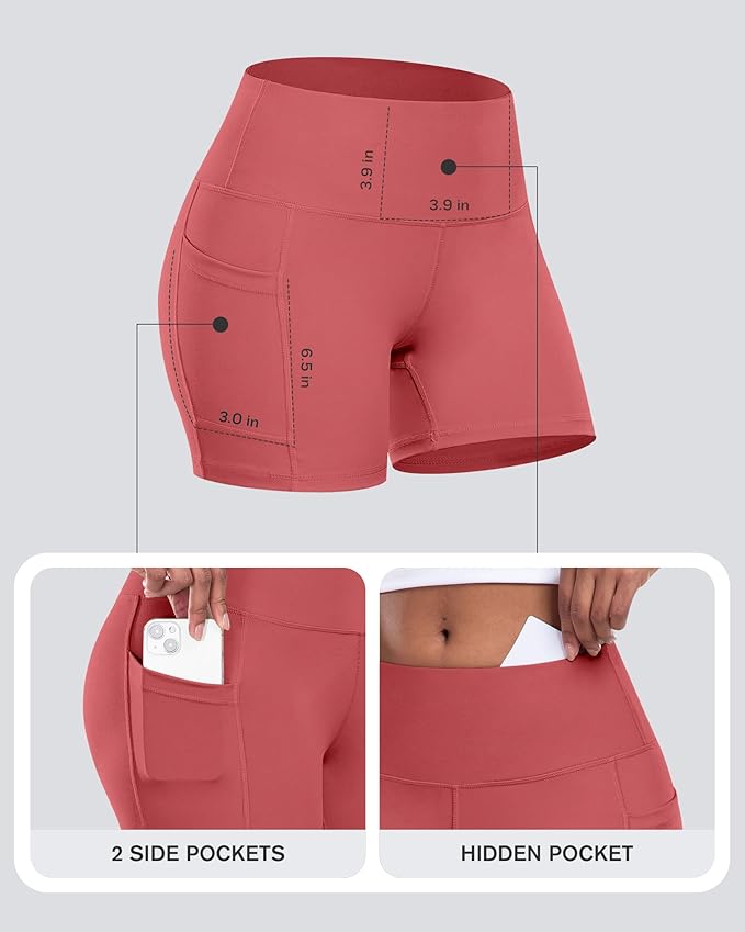 CHRLEISURE Womens Biker Yoga Shorts with Pocket, High Waisted Tummy Control 5 Inch Workout Spandex Athletic Gym Shorts