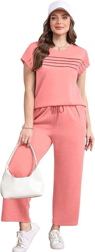 WIHOLL Two Piece Sets for Women Summer Spring Travel Vacation Outfits Cap Sleeve Lounge Matching Sets Wide Leg Pants S-3XL