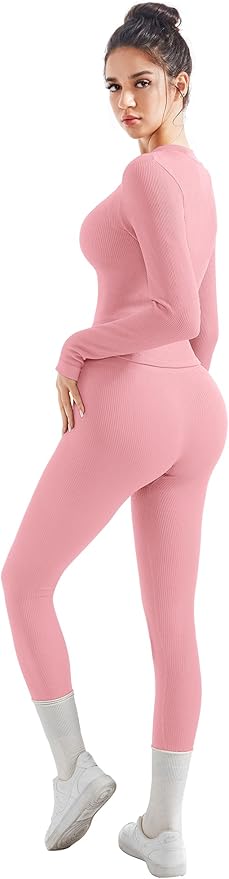 SUUKSESS Women 2 Piece Seamless Ribbed Workout Sets With Zip Up Jacket High Waisted Gym Yoga Leggings