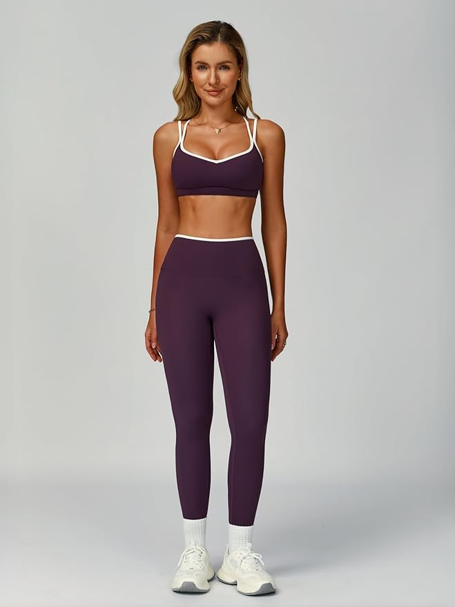 ABOCIW Two Piece Workout Sets for Women Color Block Strappy Sports Bra High Waist Leggings Yoga Pilates Outfits