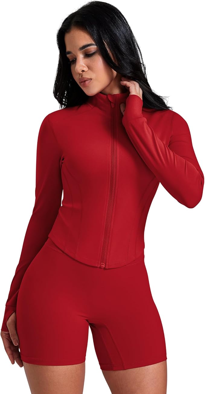 AVGO Women's Workout Jacket Lightweight Zip Up Crop Top Running Sportwear Slim Fit Gym Jackets With Thumb Holes