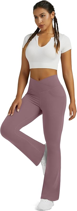 Flare Leggings for Women Yoga Pants with Pockets High Waisted Crossover Flare Leggings Bootcut Casual Yoga Pants