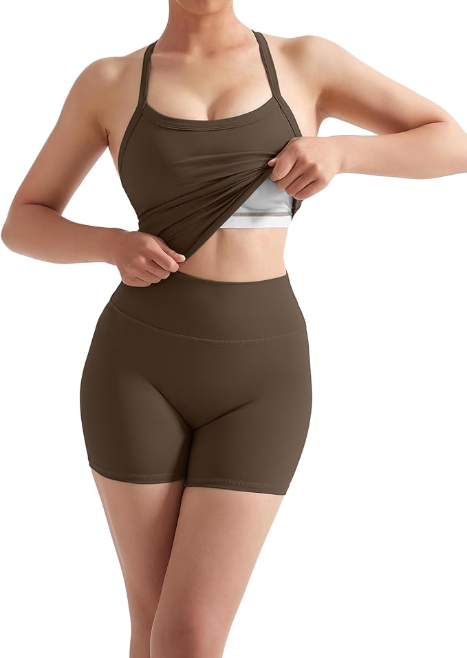 SUUKSESS Women 2 Piece Workout Sets High Waisted Tummy Control Biker Shorts Halter Padded Tank Tops