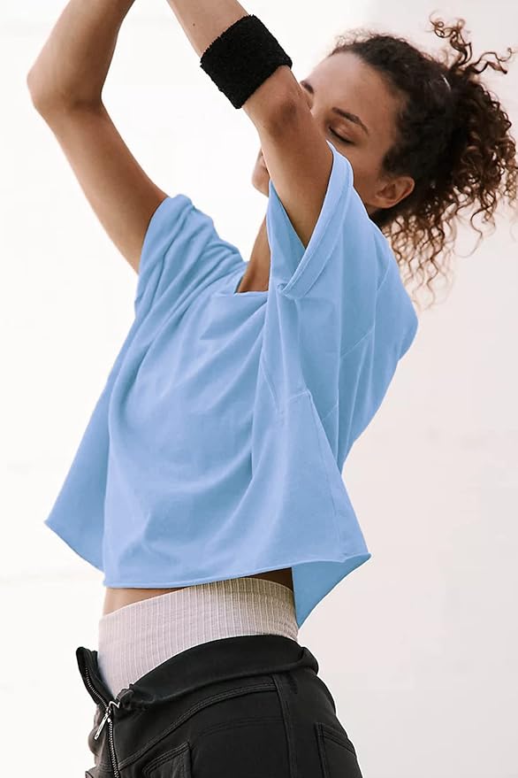 Women's Oversize Workout Crop Tops Casual Short Sleeve Drop Shoulder Boxy T-Shirts Roll Hem Basic Loose Yoga Running Tees