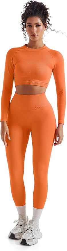 SUUKSESS Women 2 Piece Workout Sets Hidden Scrunch Hip Lifting Seamless Leggings Long Sleeve Yoga Crop Tops