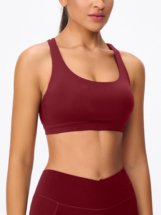 Women's Strappy Sports Bras Light Compression Crop Criss Cross Back Padded Workout Yoga Bra Supportive U Neckline