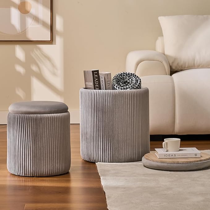 BLEXA Round Set of 2 Ottoman with Storage-Upholstered Velvet Vanity Stool for Makeup Multifunctional Ottomans Coffee Table Padded Seat Foot Rest for Living Room&Bedroom(Ligth Grey)