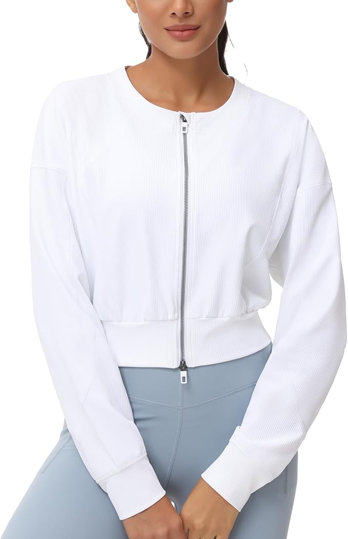 THE GYM PEOPLE Women's Cropped Jackets Full Zip Long Sleeve Ribbed Workout Sweatshirts Lightweight Casual Tops