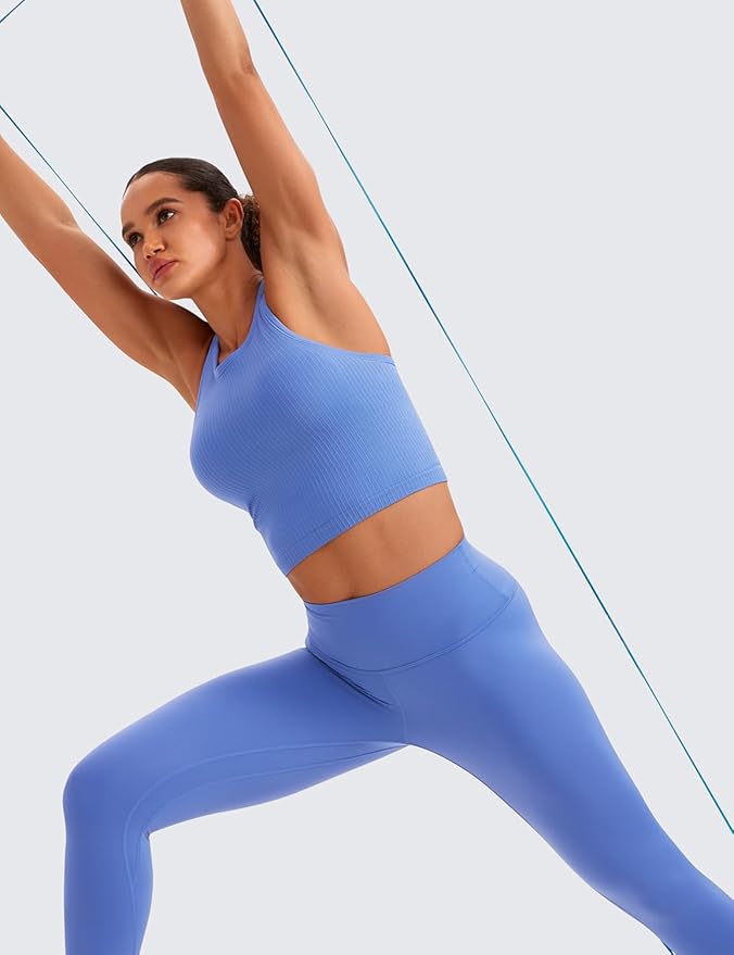 CRZ YOGA Seamless Ribbed High Neck Crop Tank Tops for Women - Longline Racerback Padded Sports Bras
