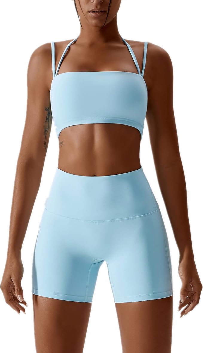 ABOCIW Workout Sets for Women 2 Piece Twist Front Halter Sports Bras High Waist Biker Shorts Exercise Gym Yoga Outfit