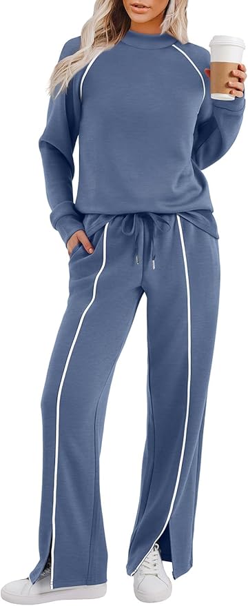 WIHOLL Lounge Sets for Women 2 Piece Fall Outfits 2025 Wide Leg Pant Matching Sets Womens Clothing