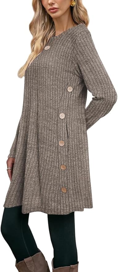 Poetsky Women Long Sleeve Tunic Tops to Wear with Leggings Side Buttons Long Shirts Rib Sweater Dress with Pockets S-3XL
