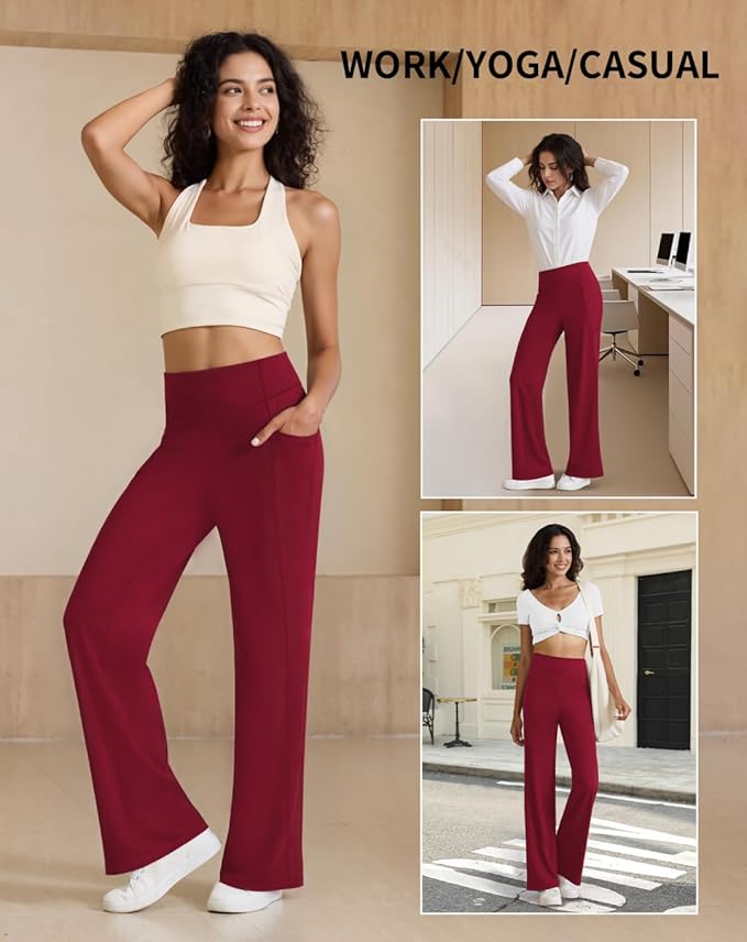 Womens High Waist Yoga Pants Stretchy Casual Trousers Straight Leg Pull On Side Pockets