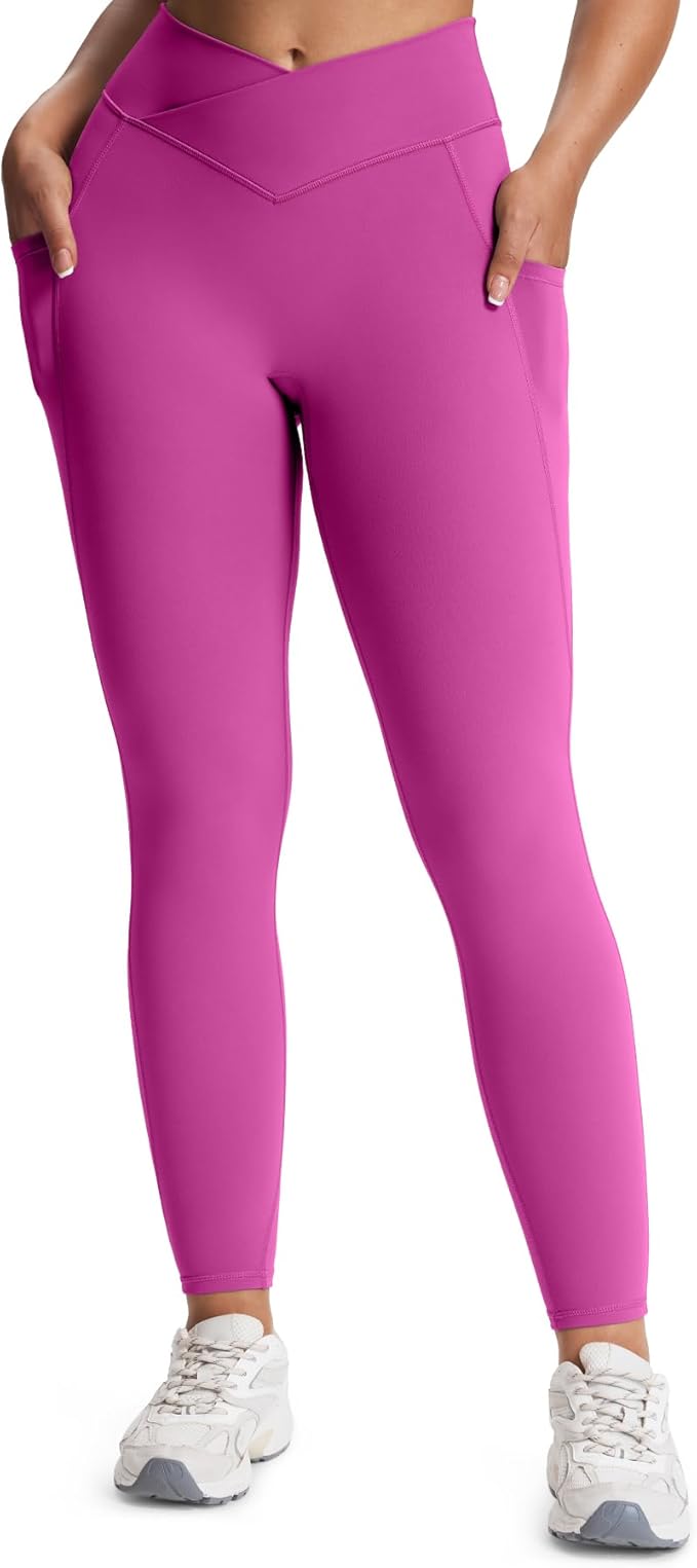 Aoxjox Women's Trinity High Waisted Yoga Pants with Pockets Cross-Waist Tummy Control Buttery Soft Workout Leggings 26"