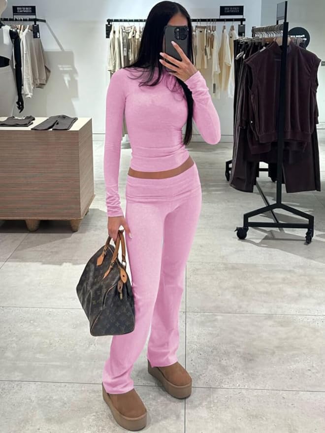 ZFLM Casual Workout Two Piece Outfits Long Sleeve High Waist Fold-Over Flared Leggings Pants Tracksuit Sets Streetwear