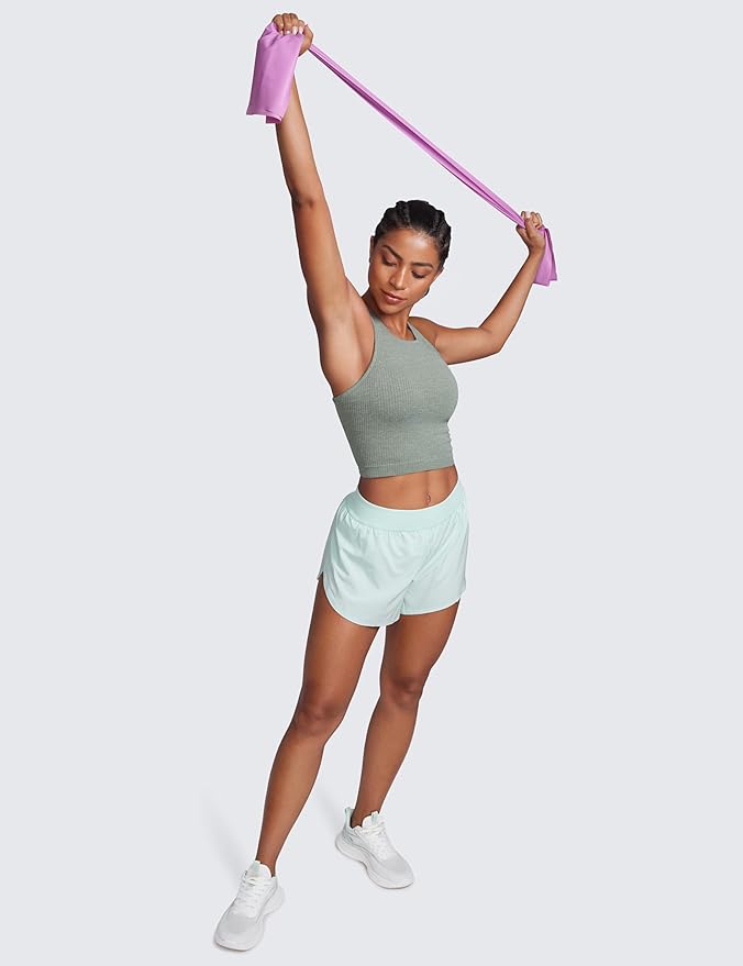 CRZ YOGA Seamless Ribbed High Neck Crop Tank Tops for Women - Longline Racerback Padded Sports Bras