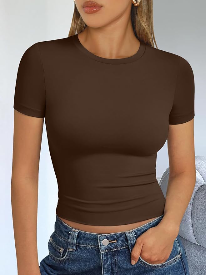 Trendy Queen Womens Short Sleeve T Shirts - Buttery Soft Summer Crop Tops Slim Fit Y2k Basic Tees for Workout