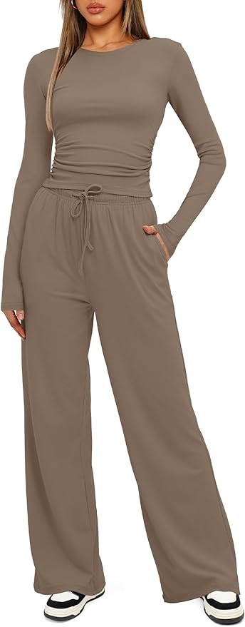 Darong Women's 2 Piece Outfits Lounge Sets 2026 Long Sleeve Tops Wide Leg Pants Casual Matching Set