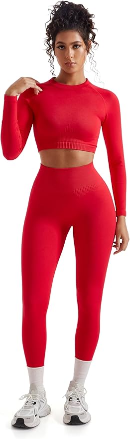 SUUKSESS Women 2 Piece Workout Sets Hidden Scrunch Hip Lifting Seamless Leggings Long Sleeve Yoga Crop Tops