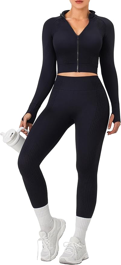 OLCHEE Womens Workout Sets 2 Piece Seamless Yoga Outfits Long Sleeve Zipper Jacket High Waist Leggings Butt Lifting Gym Set