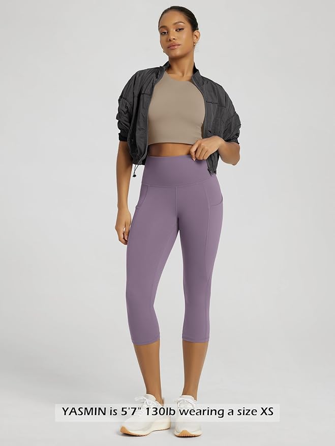 ODODOS Women's High Waisted Yoga Capris with Pockets, Tummy Control Non See Through Workout Athletic Running Capri Leggings