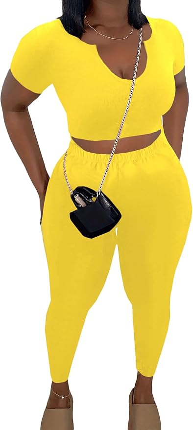Nimsruc 2 Piece Sets For Women Sexy Casual Workout Crop Short Sleeve Long pants Leggings Sets Summer Active Wear