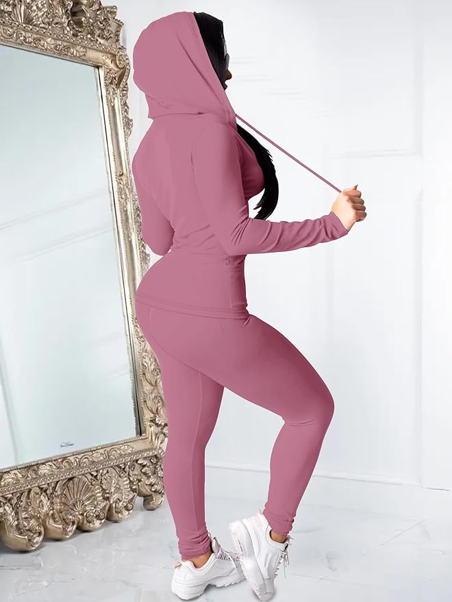 Women Two Piece Outfits Workout Sets Bodycon Legging Jacket Tracksuit Zip Up Hoodie Jogger Matching Sweat Pants Set