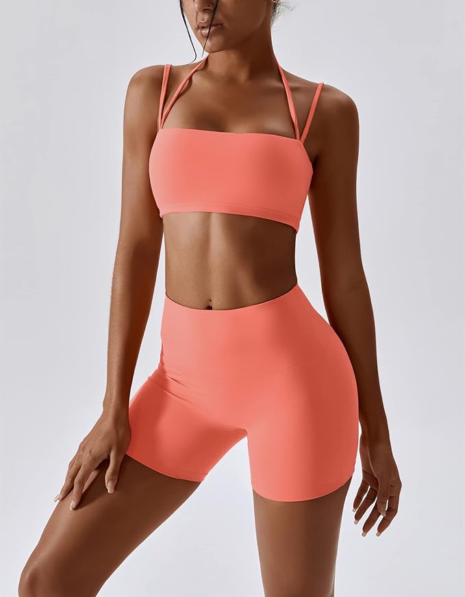 ABOCIW Workout Sets for Women 2 Piece Twist Front Halter Sports Bras High Waist Biker Shorts Exercise Gym Yoga Outfit